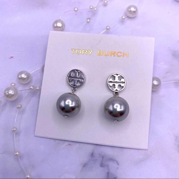 NWOT Tory Burch Silver Logo, Gray Pearl Dangle Stud Earrings - Picture 5 of 6